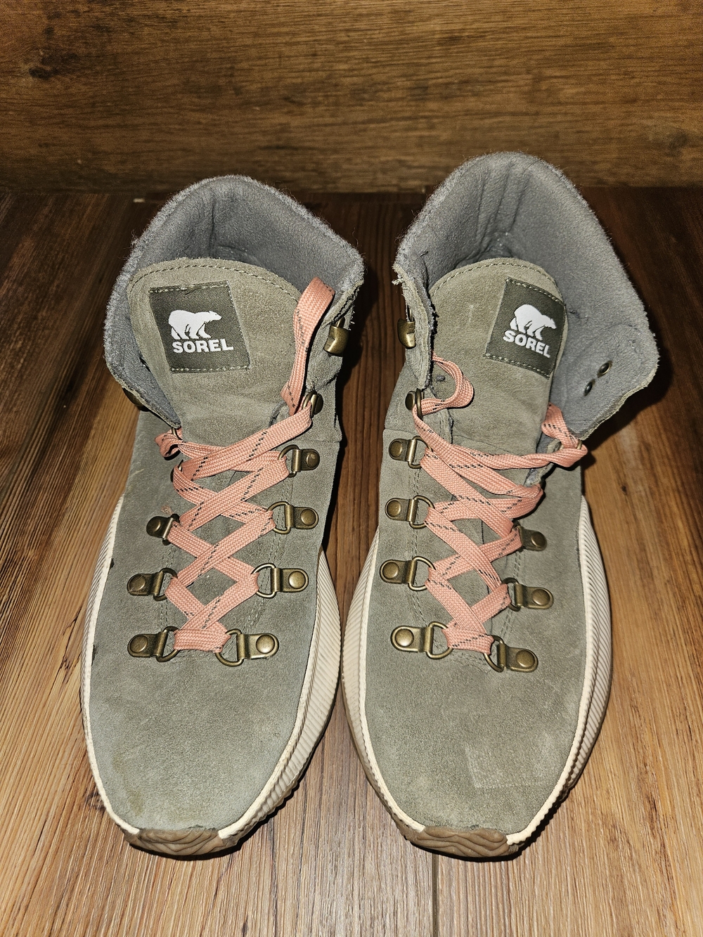 Sorel Women's Olive Suede Waterproof Hiker Boots with Pink Laces